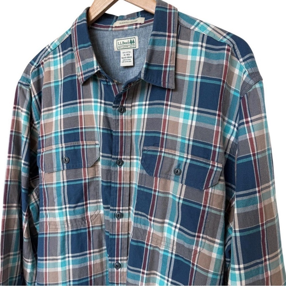 L.L. BEAN LONG SLEEVE SHIRT THICK COTTON TWILL BROWN BLUE TEAL SCOTCH PLAID XL